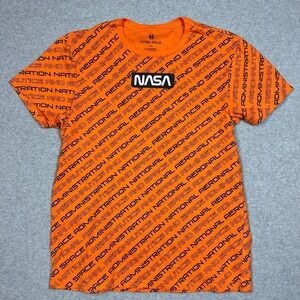 Hyper Space NASA All Over Print T Shirt Orange Graphic Worm Logo Mens Medium
